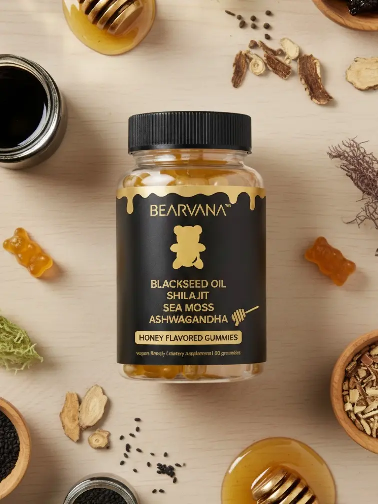 BEARVANA 4-in-1 Wellness Gummies | Black Seed Oil, Shilajit, Sea Moss & Ashwagandha | Honey Flavor | Vitamins C & D | One Month Supply | 60 Gummies