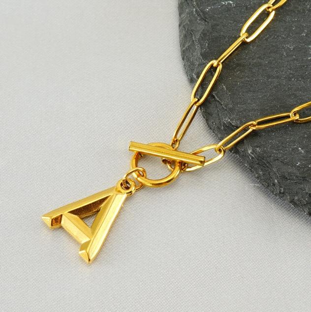 GGIRL OT Buckle English Letter Necklace 18K Gold Plated Three Dimensional Pendant for Men Women Elegant Modern Fashion Jewelry Gift for Holiday Haul Christmas Birthdays Anniversaries Versatile Design