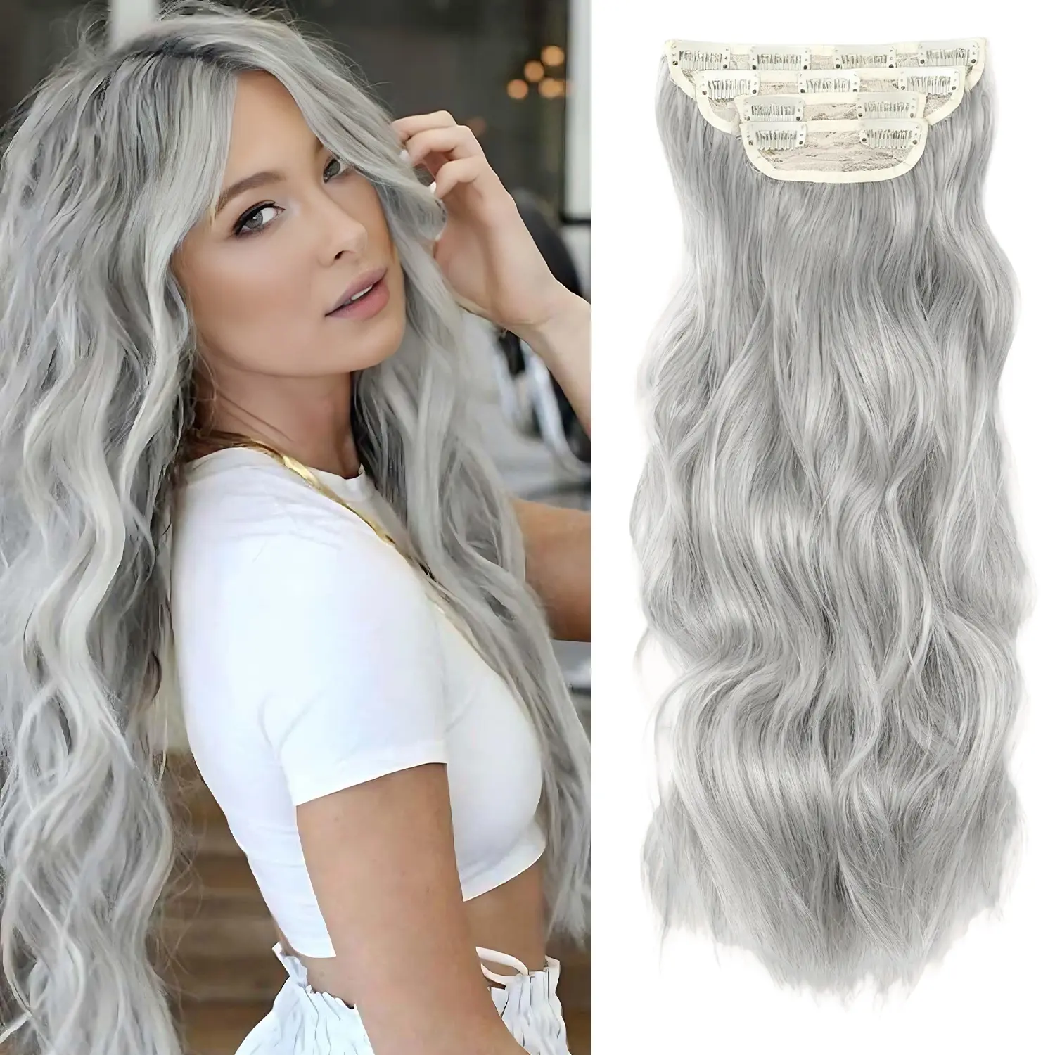 VOSILK Women's Clip-in Artificial Hair Extensions, 4PCS 20-Inch Body Wave Thick Double Weft Soft Synthetic Hairpieces, Natural Fluffy Silver Grey Extensions Hair Accessories, Body Wave Extensions