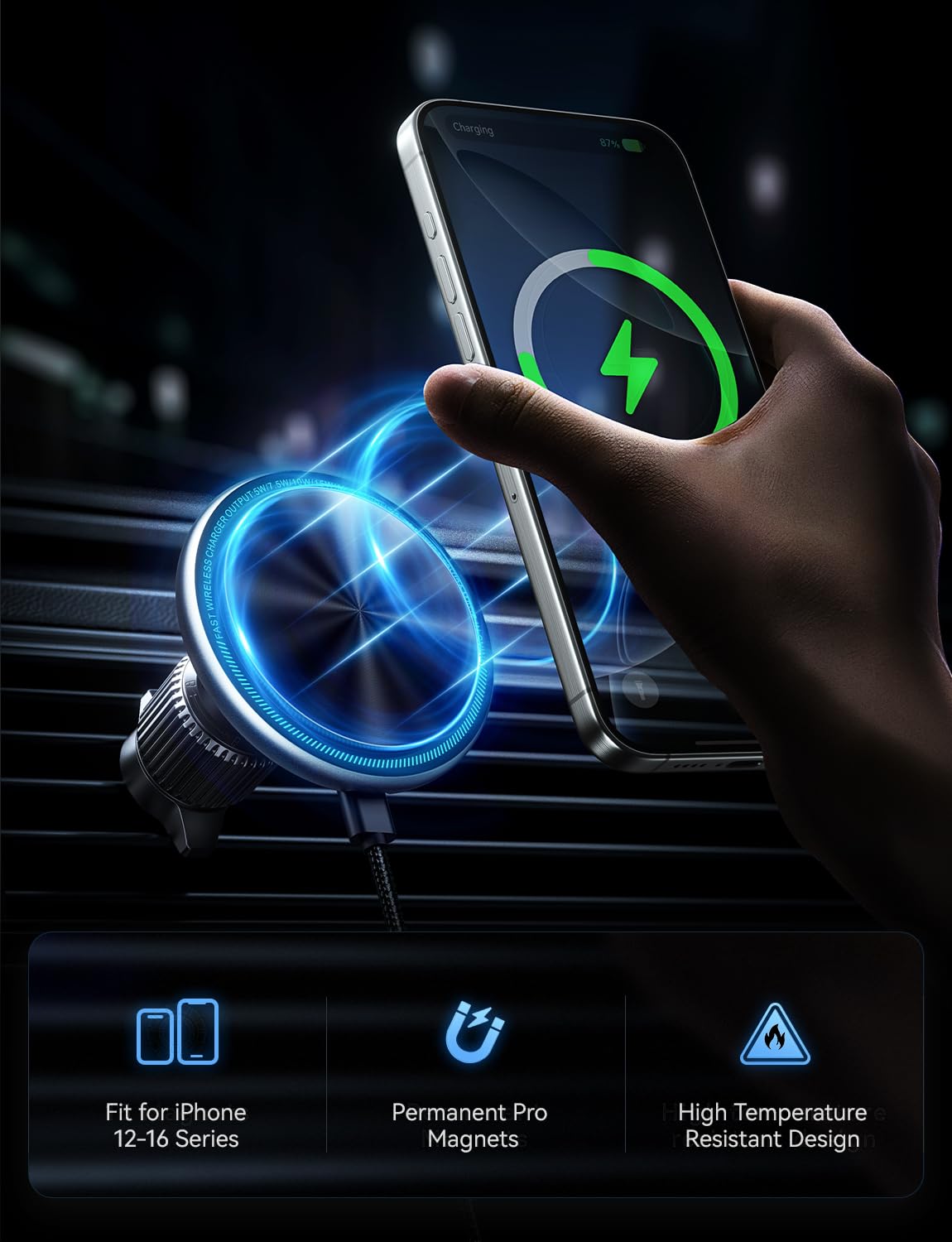 Phone Holders Mounts Stand For Magsafe Car Mount 15W MAGFAST Car Charger | LED Magnetic with Air Vent Holder for iPhone 16/15/14/13/12 - Fast Charging on the Go While Driving/on the Road/While Commuting