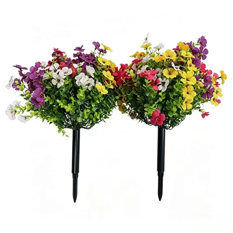 Artificial Plants with Ground Stakes (2 Sets), UV Resistant Fake Shrubs, Fake Plastic Flowers, Faux Floral Plant, Faux Flowers for Home Garden Decor, Porch, Yard, Outdoor Artificial Plants, Artificial Flower Decorations