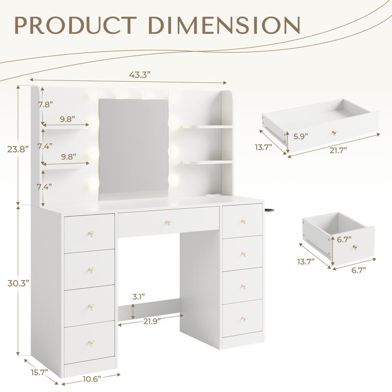 【Valentine's Day Gifts】Makeup Vanity Desk with Mirror&Lights,9 Drawers&6 Storage Shelves,Dressing Table Power Outlet, 3 Color Modes&10 LED Bulbs for Girls Bedroom,Perfect Gift for Her – bedroom essential