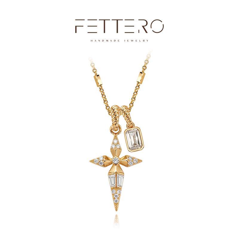 FetteroGold Plated Cross Necklace with Pink Sapphire and Crystal Charms - Twisted Rope Chain Pendant Necklace for Women
