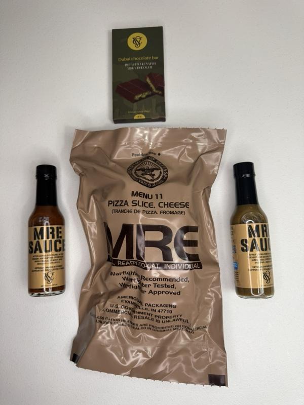 Ultimate Military Snack Bundle Includes mystery MRE, MRE Sauce (2-Pack), and Dubai Chocolate Bar Men Gift set hotsauce chocolate