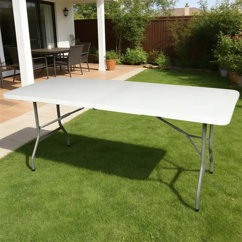 6FT Rectangle Plastic Folding Outdoor Furniture Table, Portable Heavy-Duty Fold-in-Half Indoor Dining Table with Carrying Handle, Lock-in Stability for Picnic, Tailgating (70.8" x 27.5" x 29.1")