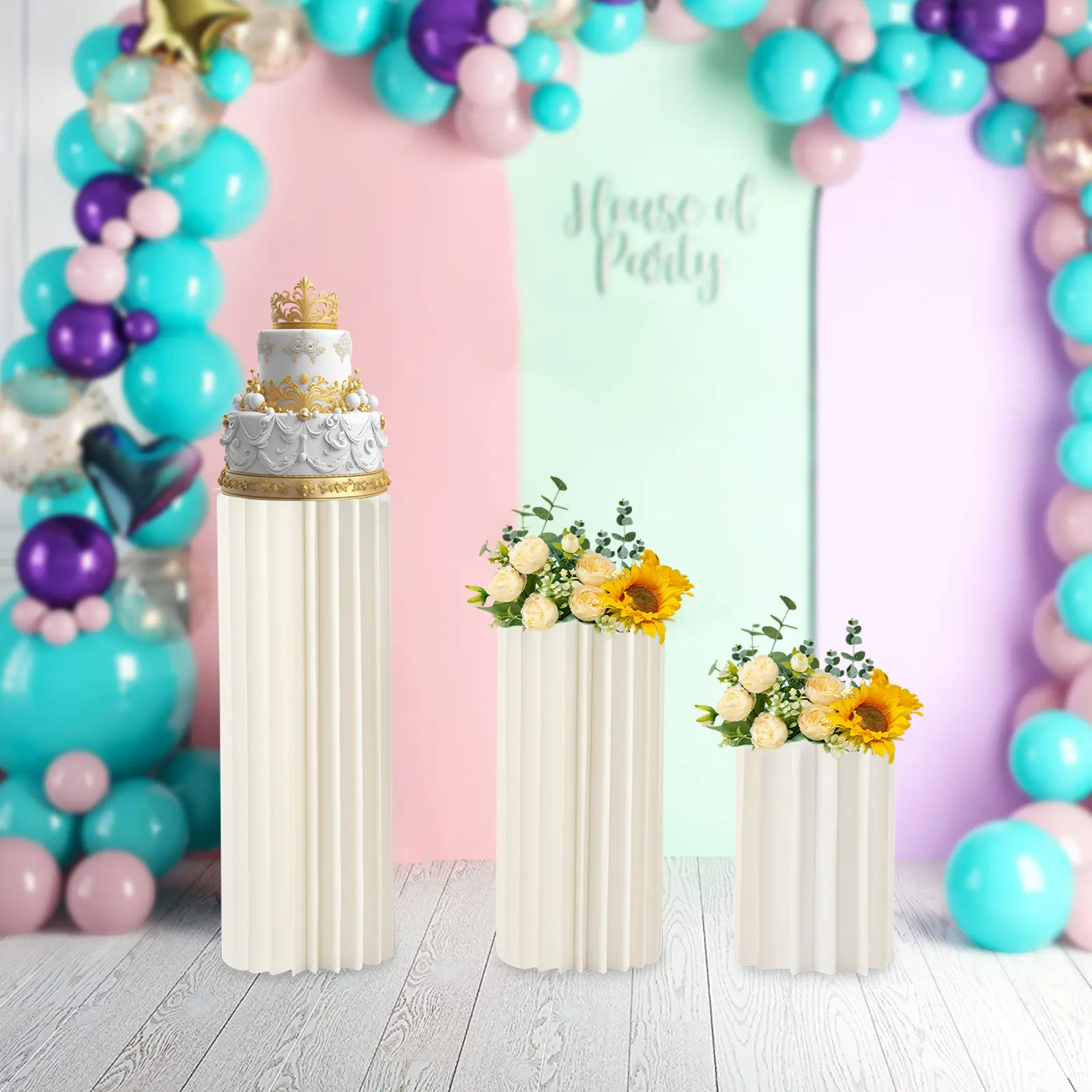 3-Piece Decorative Cardboard Honeycomb Cylinder Flower Stand Set - 2mm Thick, 110 lbs High Load Cap Each, 30cm-60cm Tall, Transparent PVC Tops, DIY Backdrop Pedestals for Wedding Floral Display & Centerpiece Use, Aesthetic Home Decor Items