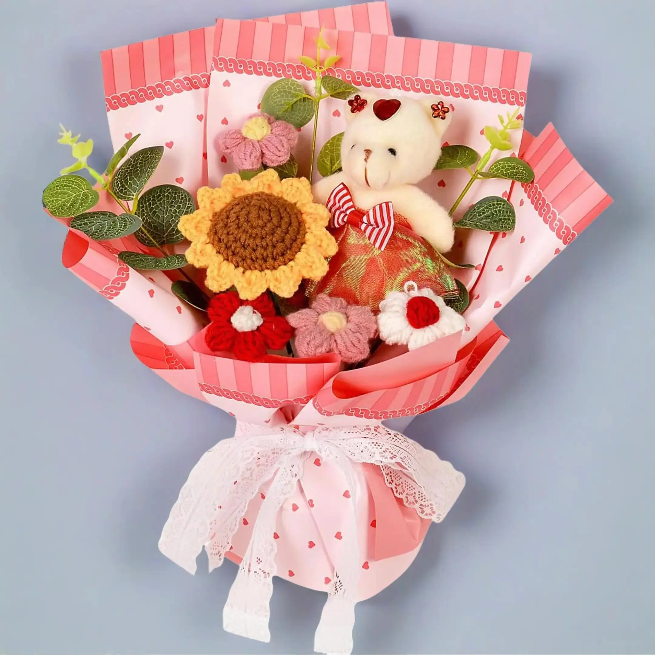 11-Inch Handmade Craft Cotton Crochet Bear Flower Bouquet - Realistic Artificial Flowers with Blue Roses, Daisies, Lace, Eucalyptus, Floral Decor Home Accessory, Perfect Mother's Day Spring Gift