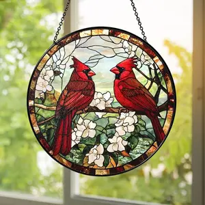 Stained Glass Cardinal Suncatcher | Red Bird Window Hanging with White Flowers | Memorial Gift, Rustic Farmhouse Home Décor