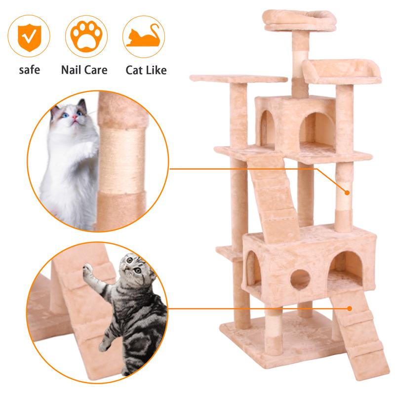 PINGO HOME Cat Tree Tower with Multiple Levels, Sisal Scratching Posts, Large Condo, Climbing Ladder, and Plush Toys for Indoor Kittens - Pink Color