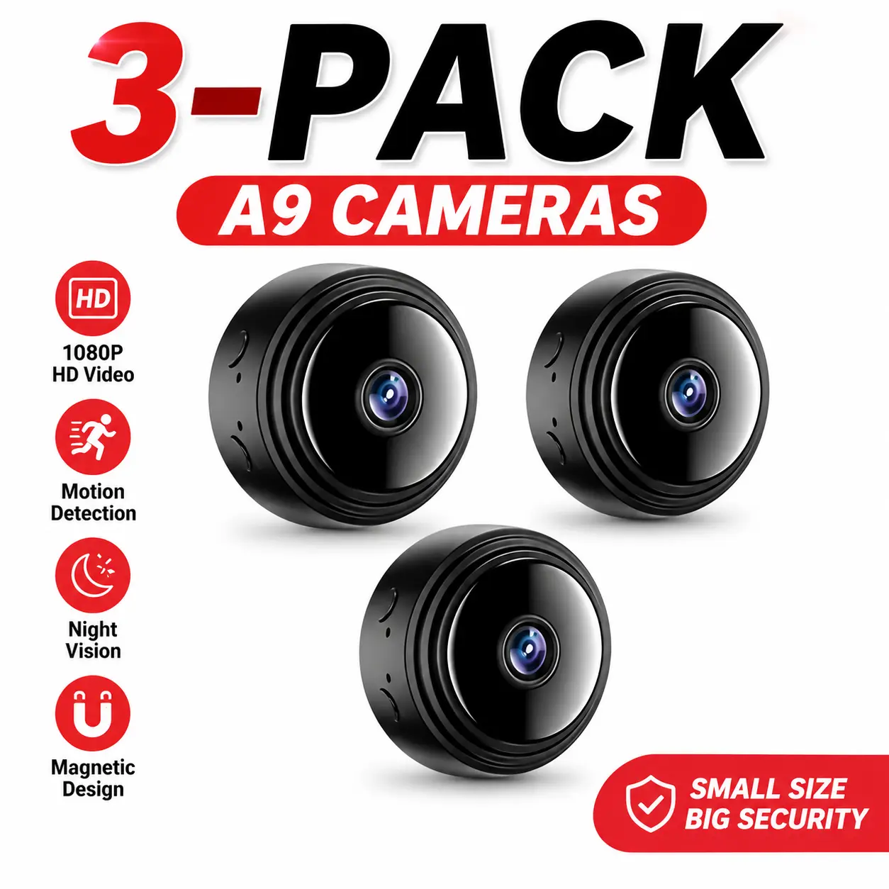 3-Pack A9 Smart Security Cameras, 2.4 GHz Wi‑Fi, 1080p HD, Night Vision, Indoor/Outdoor Wireless Surveillance System for Home & Office, Portable Connectivity Video Surveillance Camera Outdoor Wifi Cameras