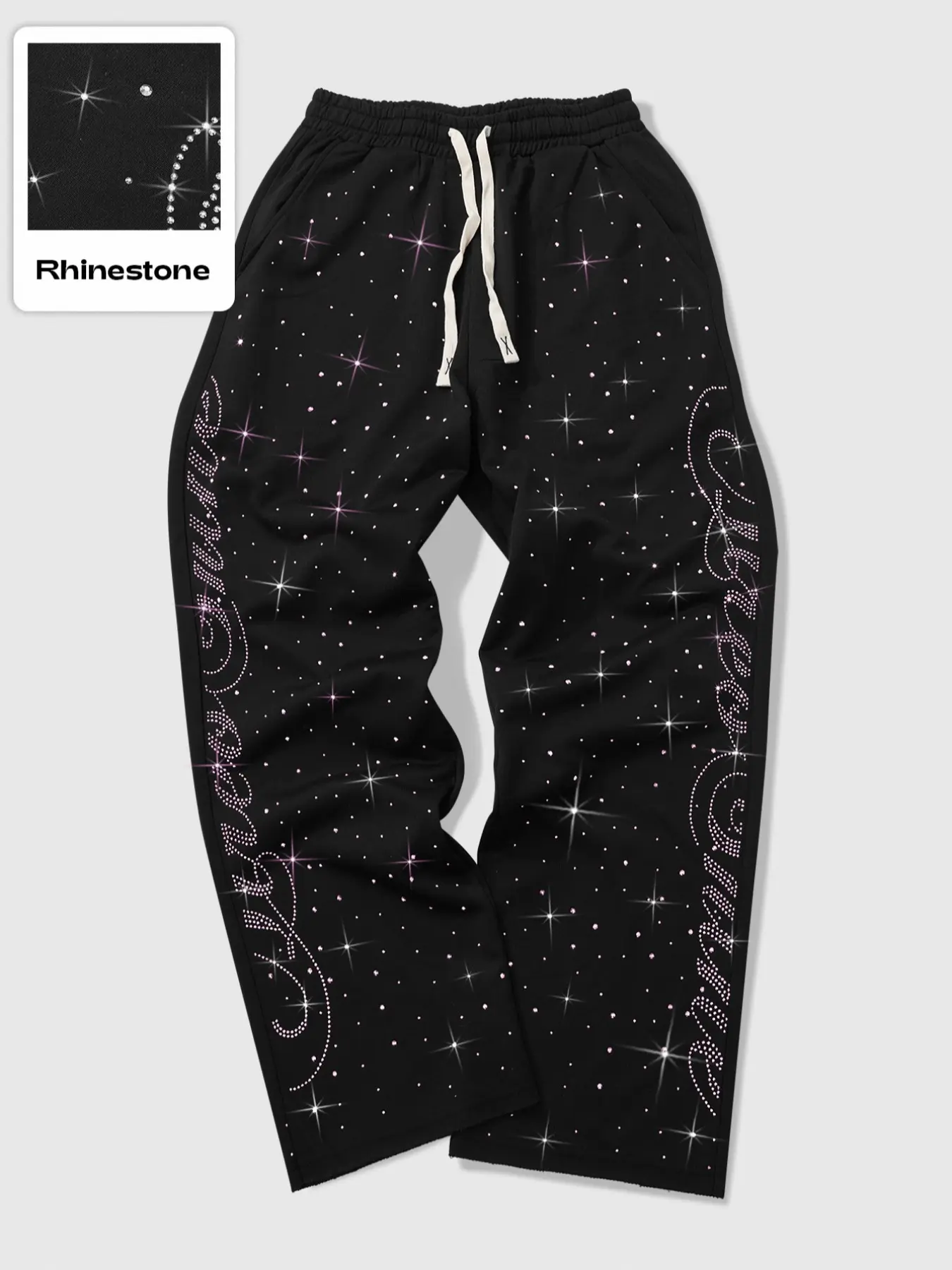 Men's Rhinestone Embellished Adjustable Drawstring Sweatpants, Casual Streetwear Trousers, with Sparkling Star & Pattern, Drawstring Waist, Loose Fit, Casual Night Out Style, Casual Sportswear Pants, Casual Sporty Pants, 1 Pack