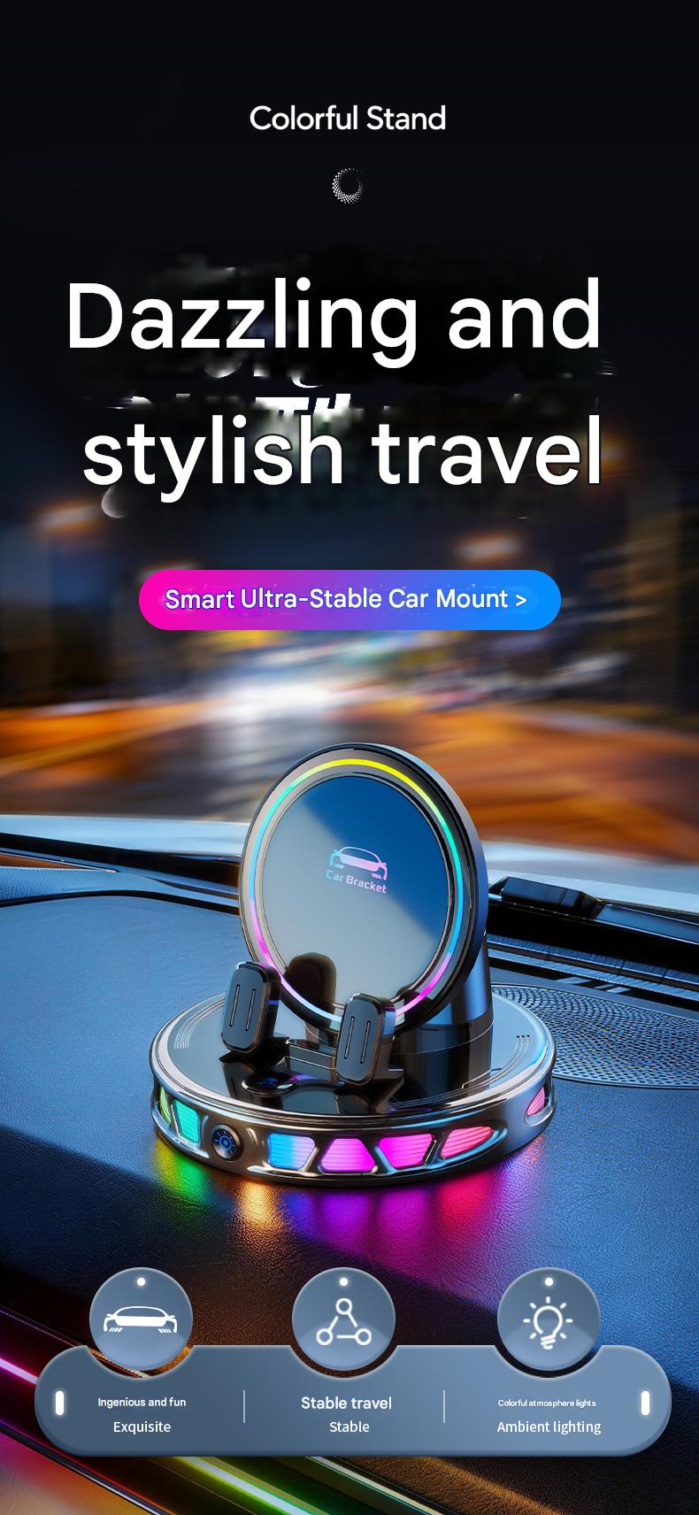Electric Magnetic Wireless Charging Car Phone Mount with RGB Ambient Light – Ultra Stable Vacuum Suction