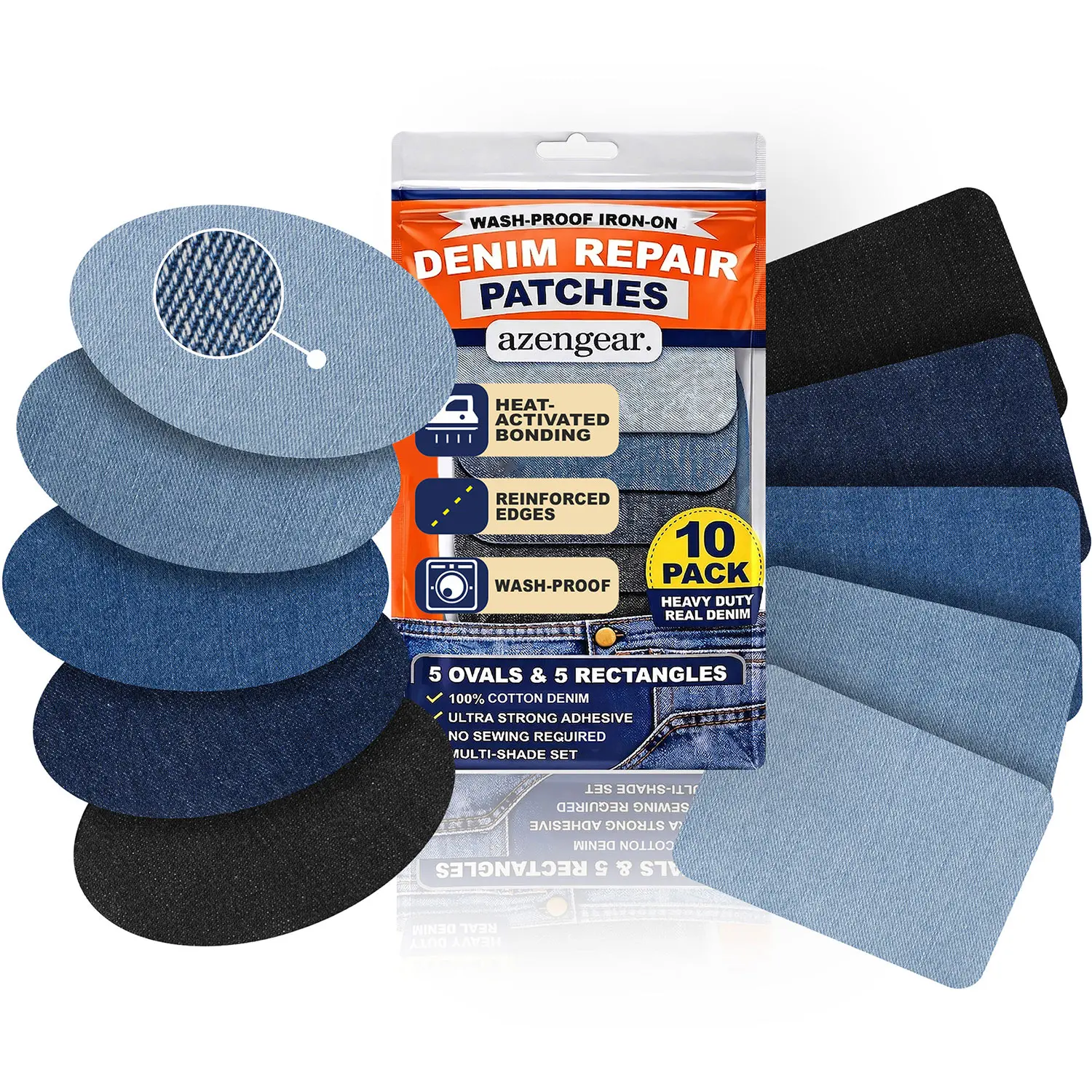 Iron-On Denim Repair Patches for Jeans (10 Pack) - 100% Cotton, Heavy Duty, Wash-Proof Dressmaking & Fashion Accessory
