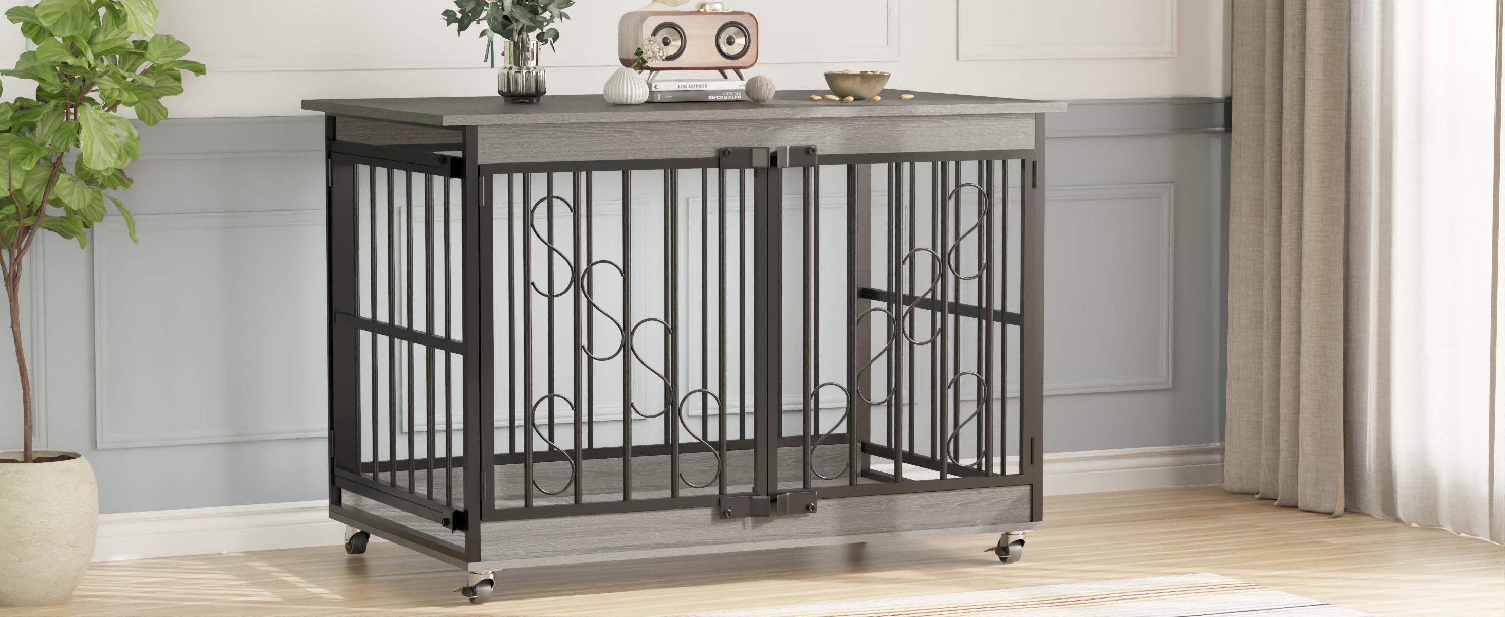 【TreasureFinds】COZPAW  Dog Crate Furniture 48 Inch Wooden Heavy Duty Dog Kennel with Lockable Wheels for Medium/Large Dogs, Three Doors Cage   (Brown)