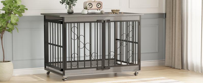 【TreasureFinds】COZPAW  Dog Crate Furniture 48 Inch Wooden Heavy Duty Dog Kennel with Lockable Wheels for Medium/Large Dogs, Three Doors Cage   (Brown)