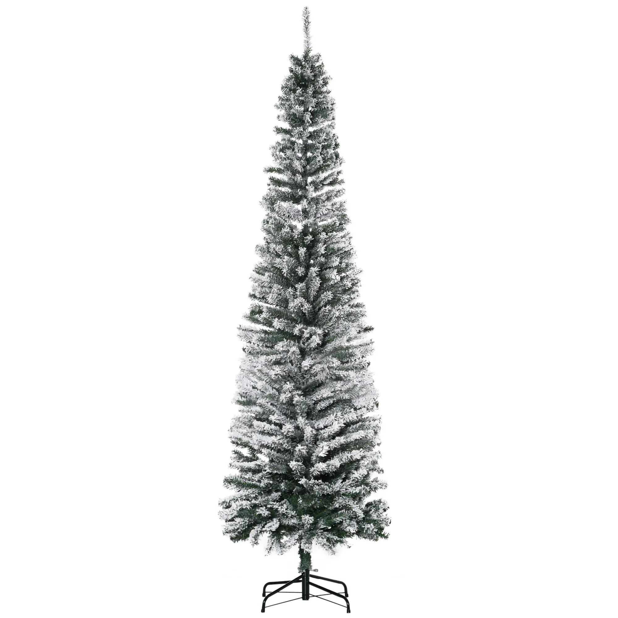 HOMOM 7.5ft Flocked Christmas Tree, Pencil Artificial Xmas Tree with Faux Snow, Dense Branches, Foldable Metal Base for Indoor Holiday Decor