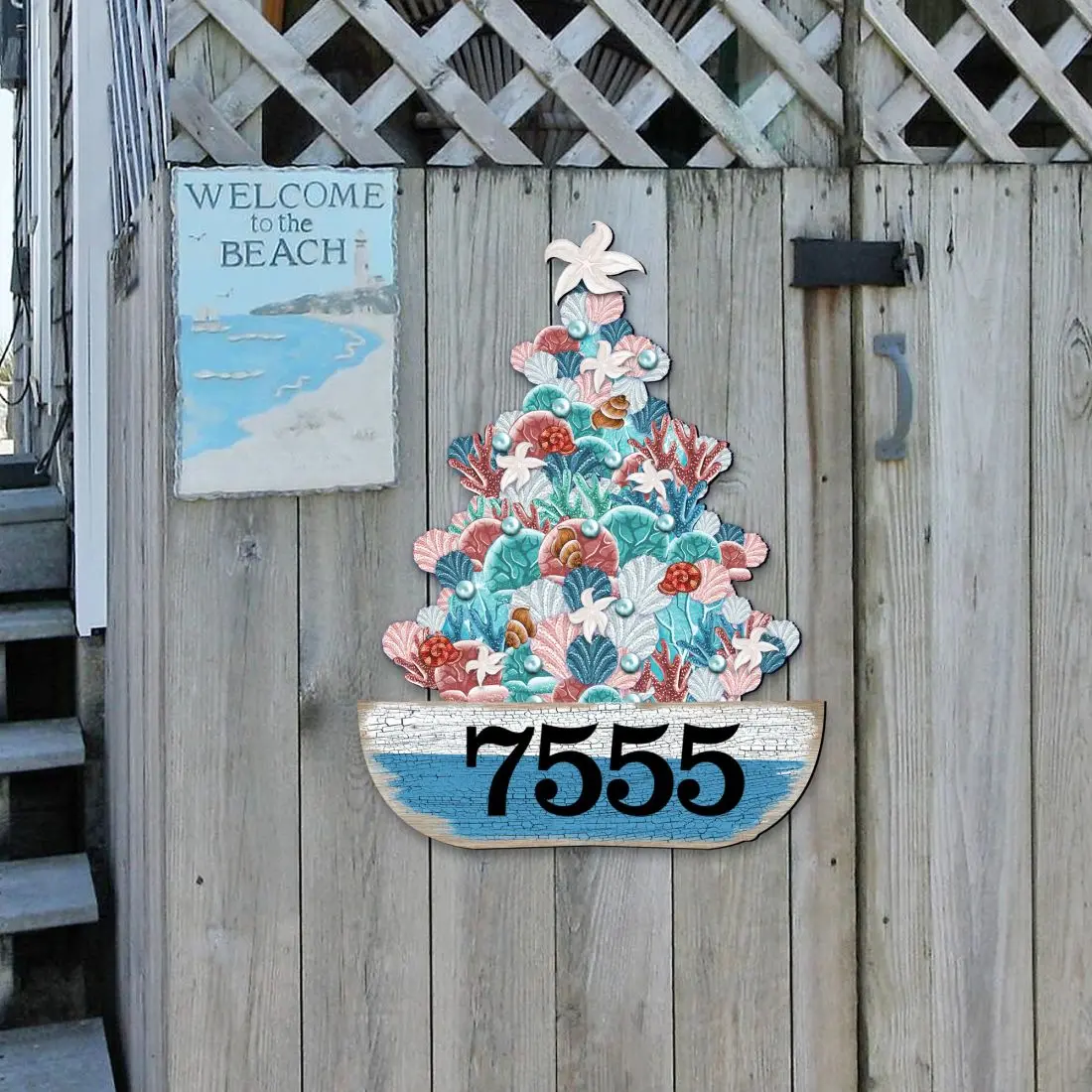 Designocracy MA81931492-18 18 in. Wooden Coastal Tree Boat House Number Sign, Wall Artwork Gift for Home Decor & Decoration