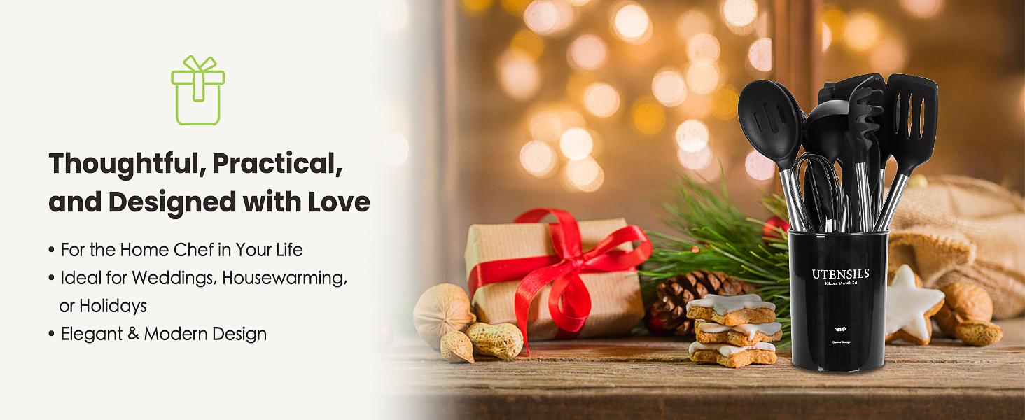 Large Cooking Utensils Set, 35 Pcs Spatula Set with Holder, Silicone Kitchen Utensils Set with Stainless Steel Handle, Cheese Grater, Scissors, Ice Cream Scoop, Pizza Cutter Kitchen Gadgets (Black) Cover Lightweight