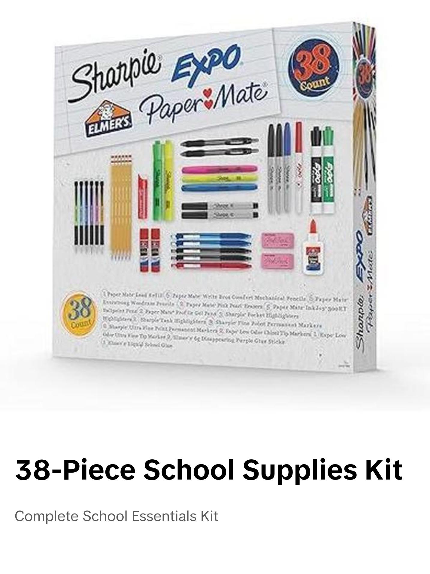 School Supplies Kit, Highlighters, Mechanical Pencils, Glue Sticks, Erasers, Permanent Markers, Gel Pens, Pencils, School Glue and more from Sharpie, Elmer’s, Paper Mate, & Expo, 38 pieces