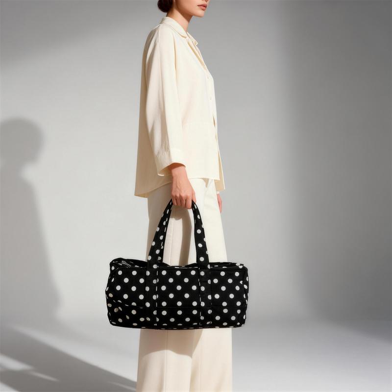 Cute Black & White Polka Dot Tote Bag Spacious Shoulder Bag for Women, Y2K Retro Daily Purse, Versatile Travel & Shopping Tote