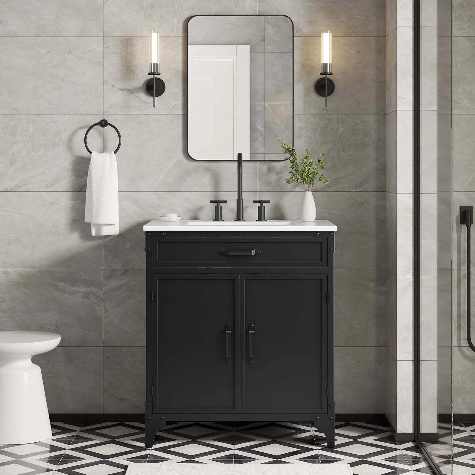 Modway Steamforge 30" Industrial Bathroom Decor Set - Vanity with Sink, Countertop & Metal & Wood Cabinet, Pivot Doors, White-Black Home Improvement Bathroom Fixture, Modern