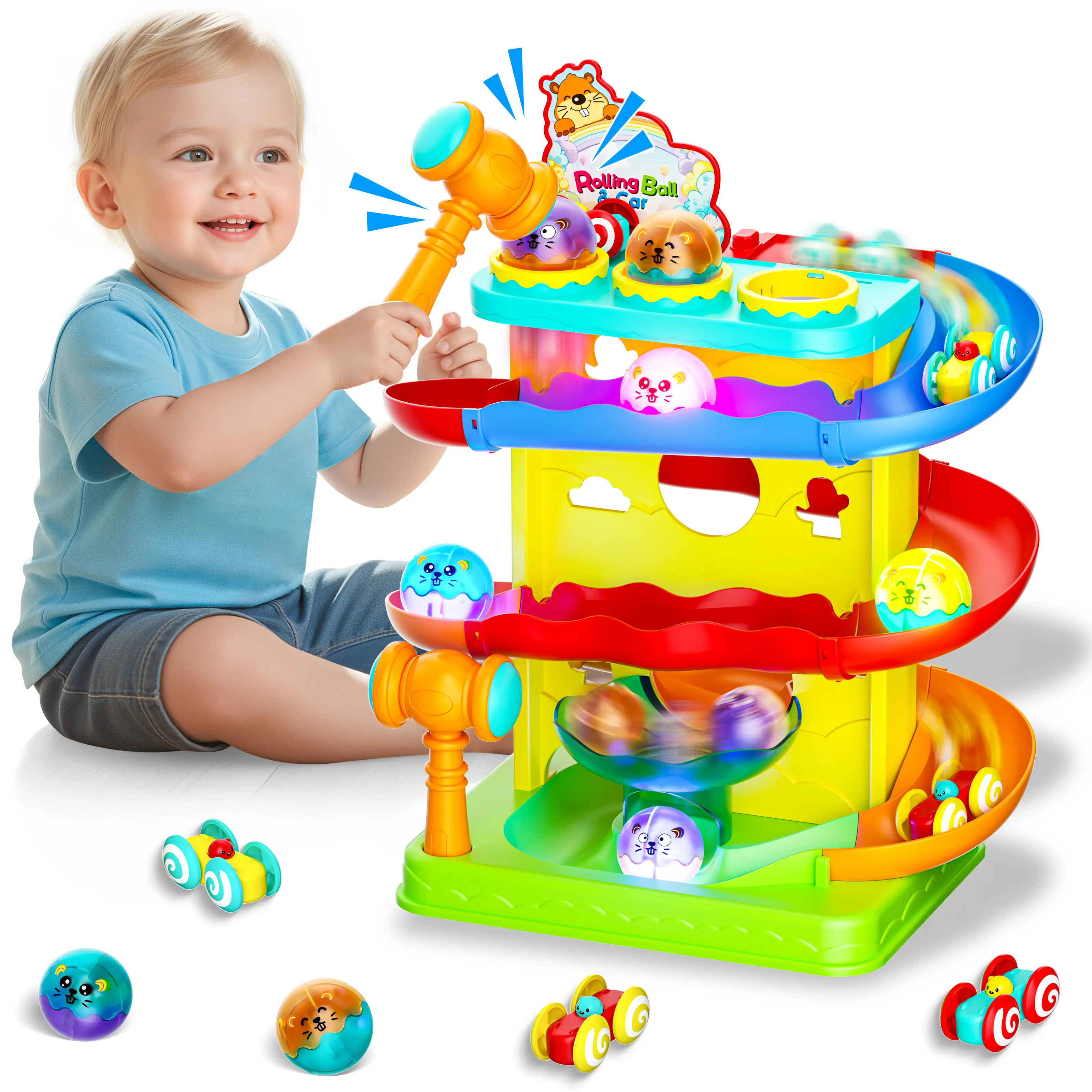 [Children's Day Gift] Toddlers' 2-in-1 Rolling Ball & Racing Car Ramp Toy Set, Race Track with Hammer, Lights & Ball Drop, Montessori Interactive Learning Game, Birthday Gift for Kids Ages 2–5+, Girls & Boys, Ramp Set, Hammer Light,back to school