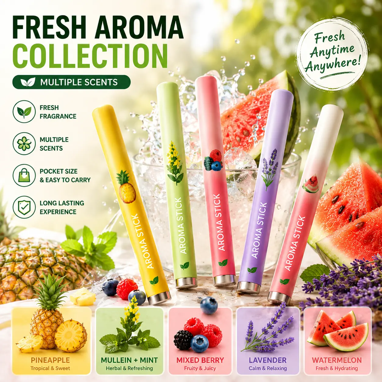 Portable Aroma Scent Stick, Pocket-Size Fresh Fragrance Accessory, 4 Scent Options, Compact Non-Electronic Scent Stick for Bag, Car, Office & Travel