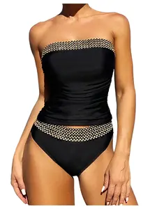 Women's 2 Piece Color Block Tankini Set Bandeau Strapless Ruched Bathing Swimsuit