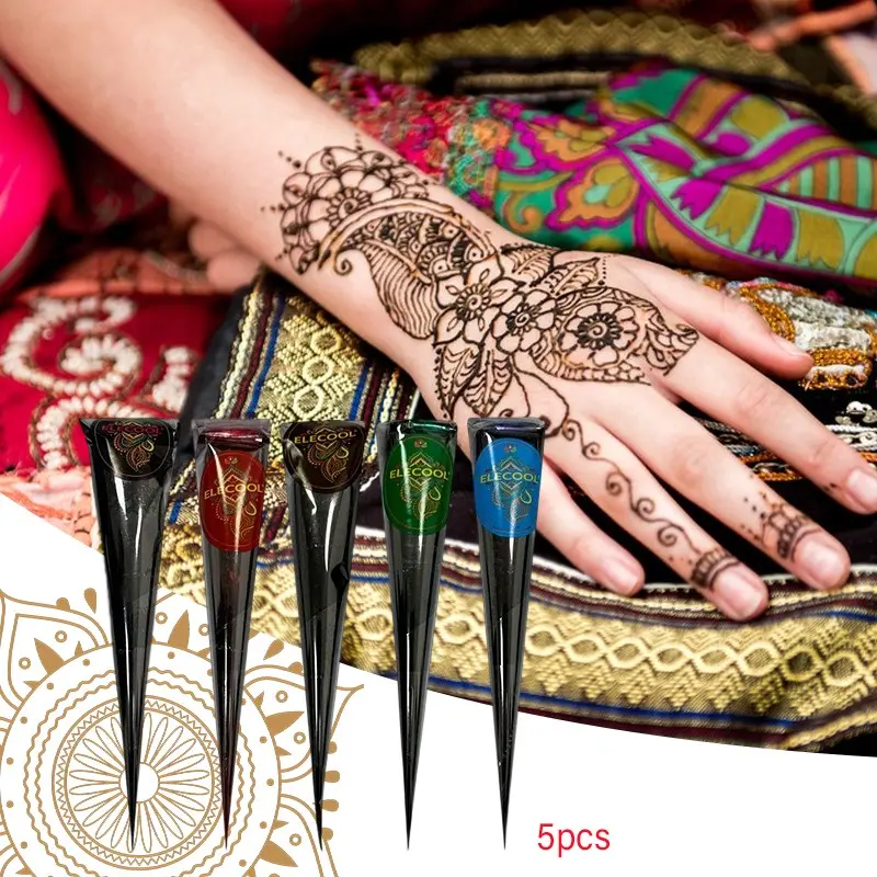 5 Color Henna Tattoo Kit, Henna Cones, Natural Plant-Based Henna Paste, Long-Lasting, Waterproof Temporary Tattoos, Safe for All Skin Types, Perfect for Parties & Events