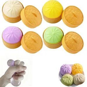 4 pcs Colorful Dumpling Stress Balls Fidget  Squeeze Dough Ball Stress Relief Hand Bun with Steamer Stretchy Desk Ball, ideal gift choice  Sensory Play Sweet Food Squishies