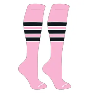 MK Socks Striped Knee High Baseball, Football Socks (C) Pink, White, Black