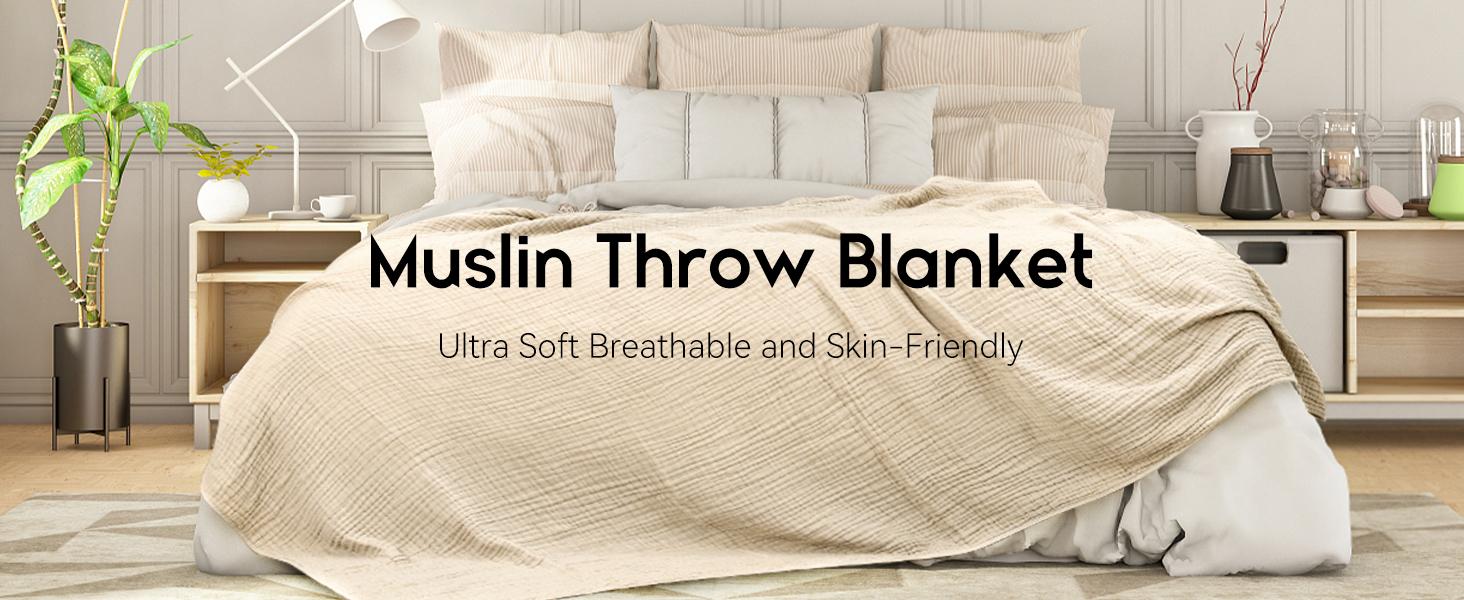 Yoofoss Muslin Blanket 100% Cotton Throw Blanket Large 60" x 80" for Bed Couch 6-Layer Gauze Blanket for Adults Sofa Cozy and Breathable Apricot White
