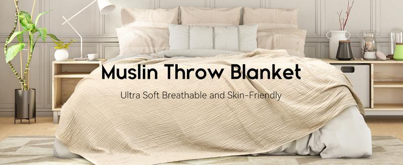 Yoofoss Muslin Blanket 100% Cotton Throw Blanket Large 50" x 60" for Bed Couch 6-Layer Gauze Blanket for Adults Sofa Lightweight and Breathable Apricot White