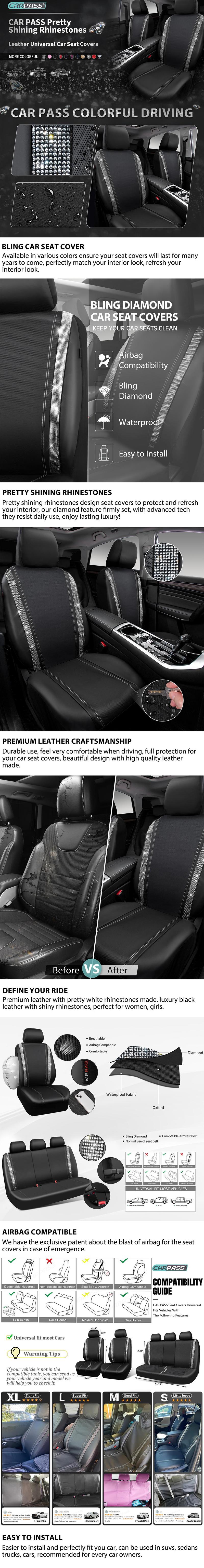CAR PASS Bling Car Seat Covers, Shining Rhinestone Diamond Waterproof Leather,Interior Decor,Universal Fit Glitter Crystal Sparkle for Cute Women Girl CAR PASS Bling Car Seat Covers, Shining Rhinestone Diamond Waterproof Leather,Interior Decor,Universal Fit Glitter Crystal Sparkle for Cute Women Girl