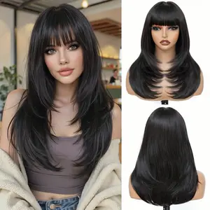 Alrence 18 Inch Long Straight Layered Wig with Bangs for Women Put on Go Realistic Synthetic Straight Hair Wigs for Women, Heat Resistant Natural Wig for Party Cosplay Dality Use