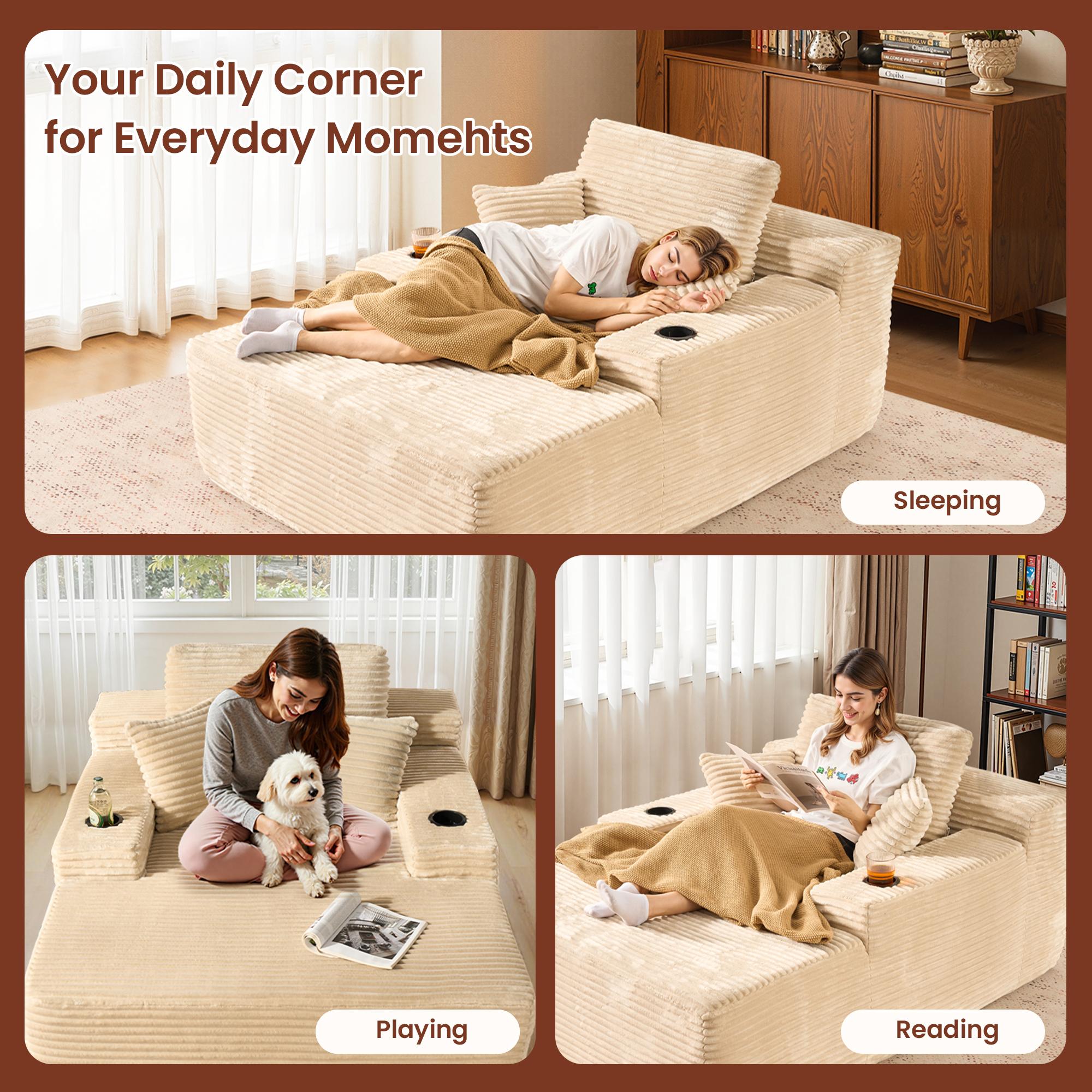 XIZZI 67 " Oversized Upholstered Sofa Bed with Cup Holders & Fluffy Plush Faux Fur Cloud Design for Living Room, Comfort Boneless love chair modern, lazy sofa bed, Lovesac Deep Seat, No assembly required