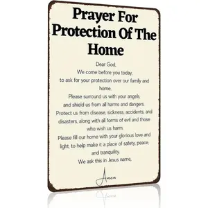 8x12 Inch Prayer For Protection Of The Home Vintage Metal Sign, Religious Blessing Scripture Rustic Wall Plaque, Faith Farmhouse Entryway Bedroom Decor, Inspirational Christian Housewarming & Baptism Gift