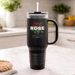 Rose Graphic 40oz Travel Mug Insulated Tumbler with Straw Double-Wall Stainless Steel 1.183L Capacity Leak-Proof Lid Ergonomic Handle