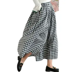 Women's Gingham Plaid Capri Pants Cotton Linen Wide Leg Palazzo Trousers Elastic Waist Pockets Summer Casual Outfit Gift Vintage Culottes Breathable Bottoms