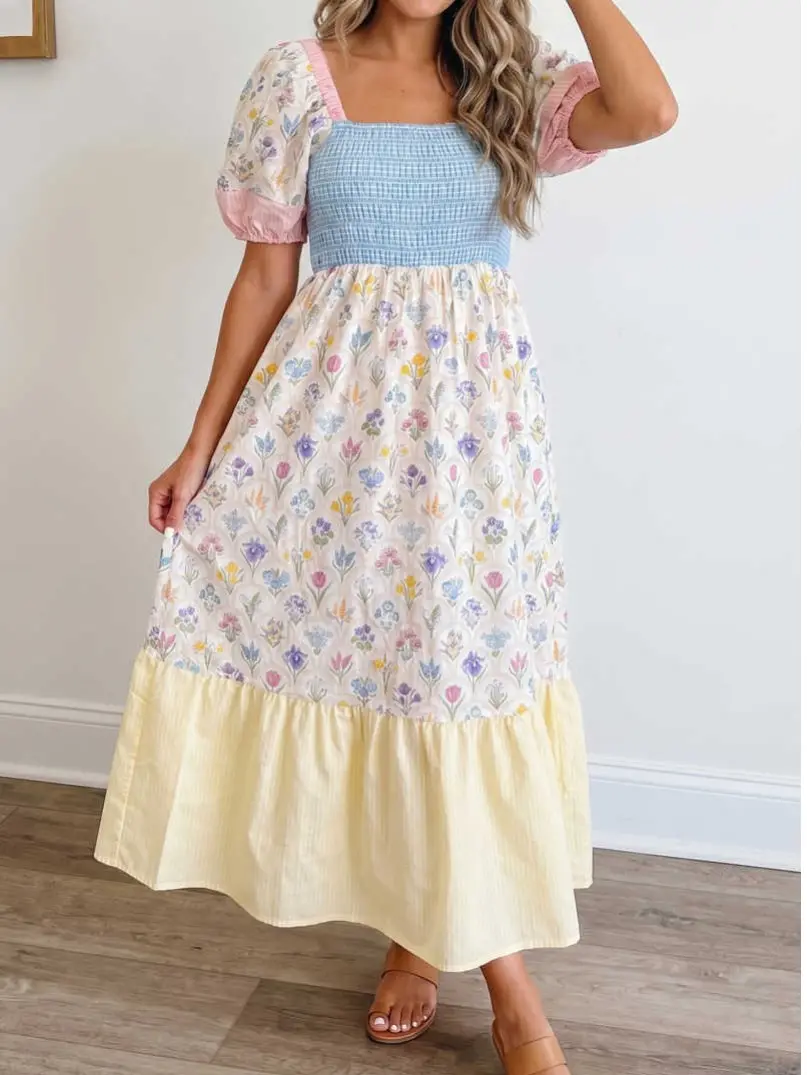 Women's Square Neck Smocked Bodice Puff Sleeve Casual Floral-Striped Patchwork Maxi Dress, Going Out Ready-To-Wear, Womenswear