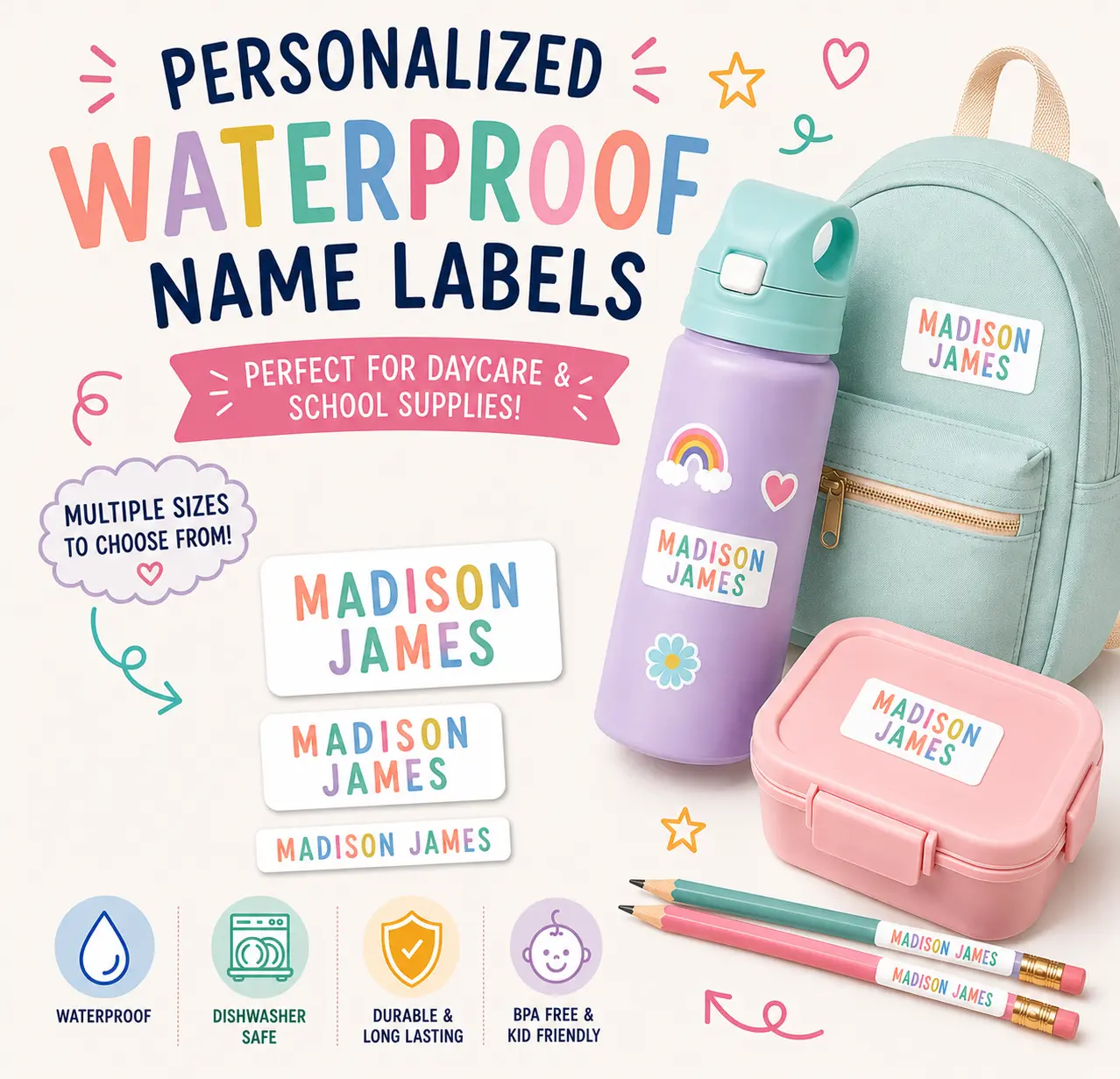 Personalized Waterproof Name Labels for Kids | Custom School Supply Stickers | Back to School | Dishwasher Safe | Choose Your Pack