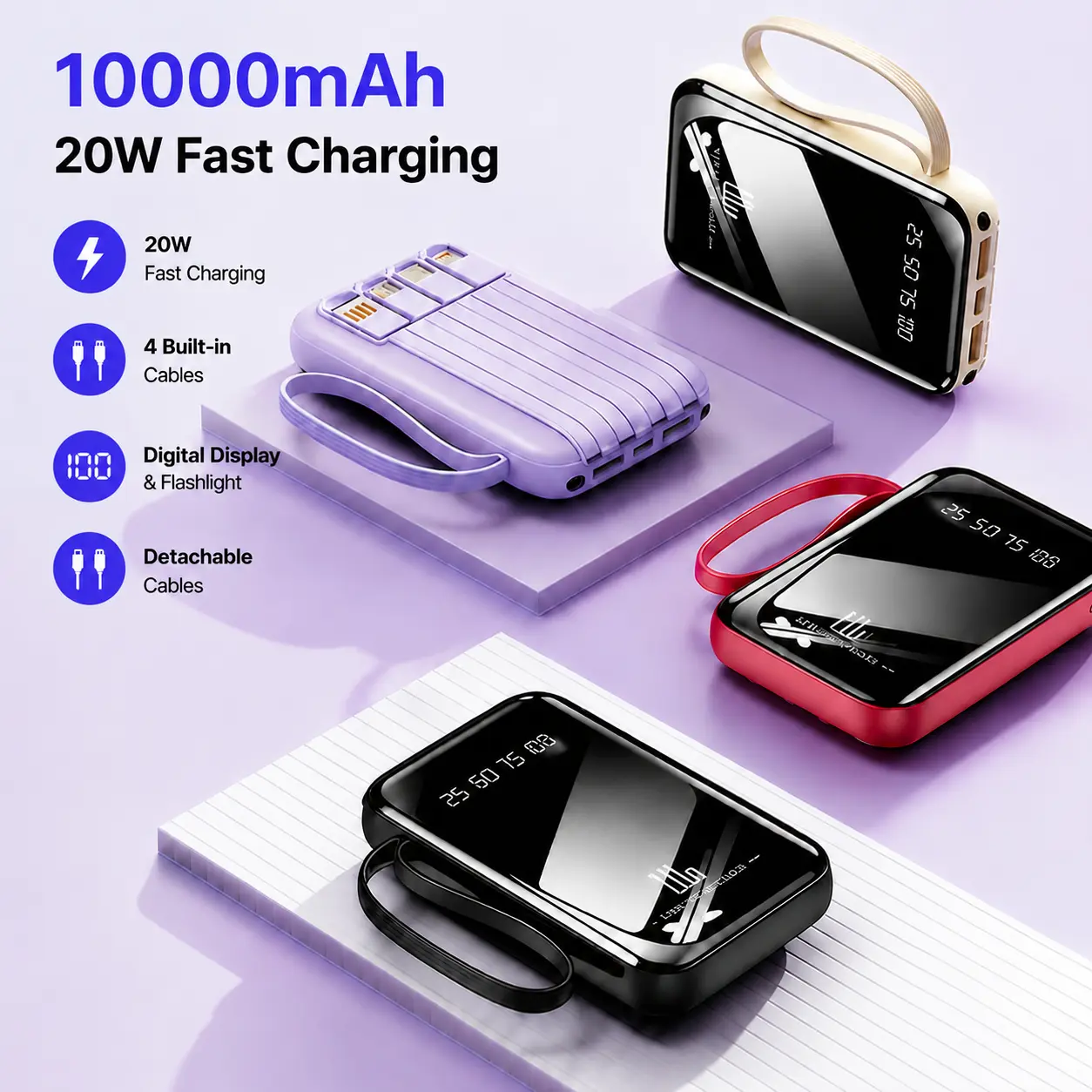 10000mAh 20W Fast Charging Portable Power Bank for Apple and Android Devices with Smart Digital Display, Flashlight, Stable Lithium Battery for Office, Entertainment, Outdoor Emergencies usb c port bright power bank travel essential battery pack _ strong