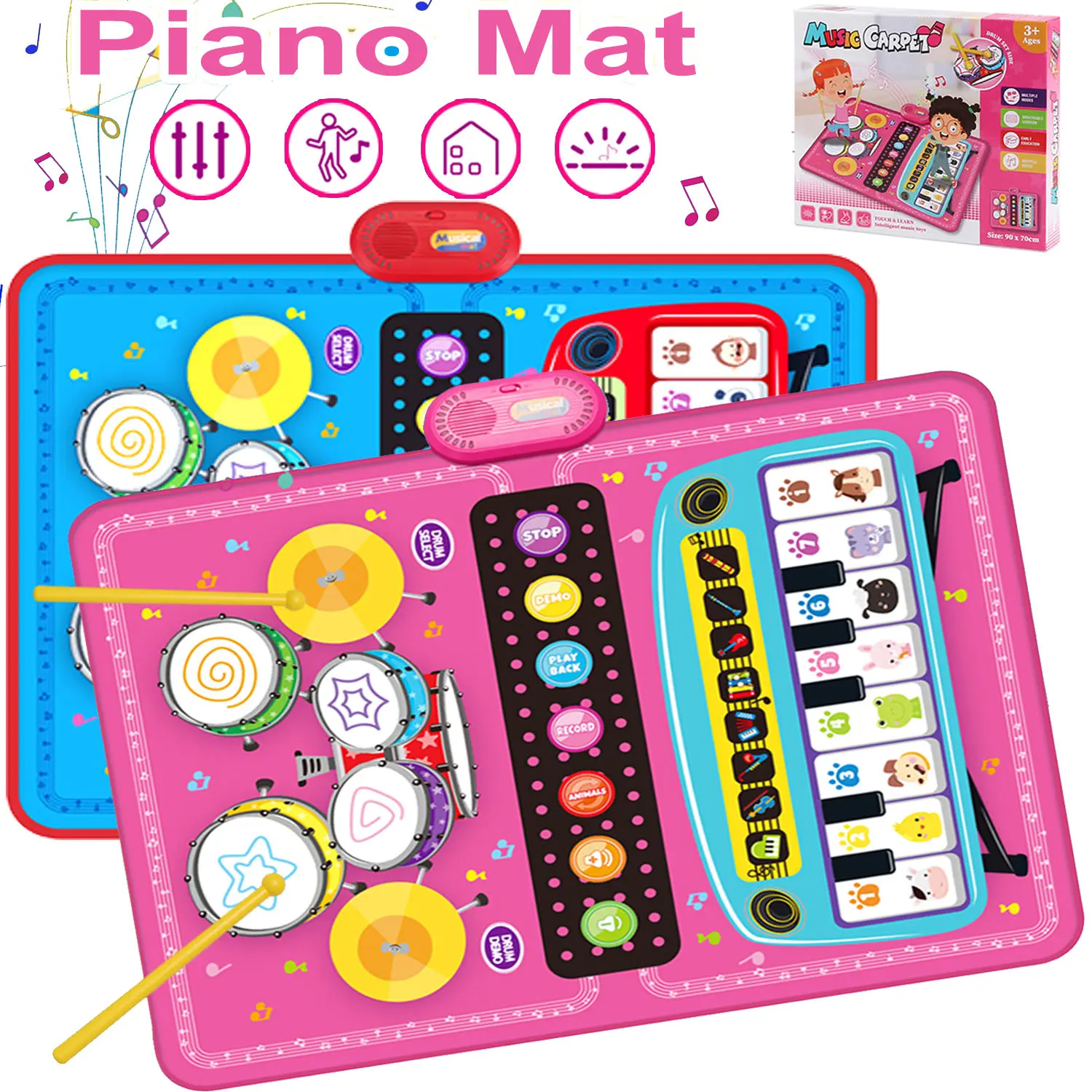 Musical Playmat for Toddlers, 2-in-1 Educational Animal Fabric Toy with Piano Keyboard & Percussion Drums, Foldable & Touch Sensitive, Light Drums, Batteries, Unisex
