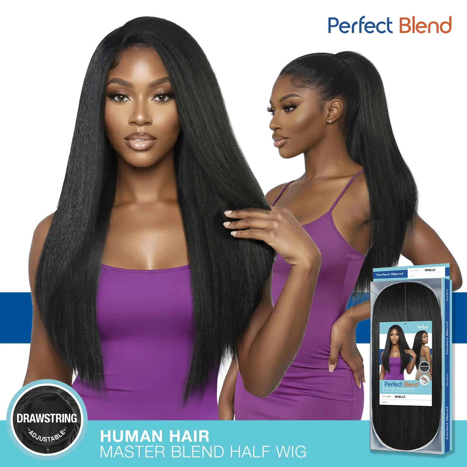THE STYLIST Brielle Kinky Straight Half Wig, 26" Long Master Mix Human Hair Blend for Women, Average Size Cap, Half Wigs, Synthetic Half Wig
