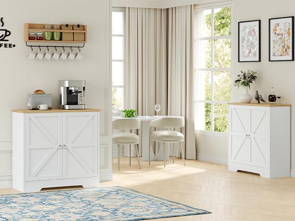 Buffet Cabinet with Storage, 32” Farmhouse Sideboard with Adjustable Shelves, Kitchen Storage Cabinet, Coffee Bar Station, for Dining Room, Living Room, White and Natural