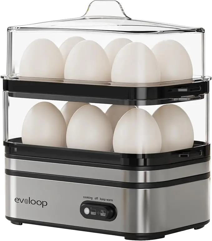 EVOLOOP Rapid Egg Cooker Electric 12 Eggs Capacity, Soft, Medium, Hard Boiled, Poached, Omelet Maker Egg Poacher & Vegetable Steamer, BPA Free Tray,home essentials