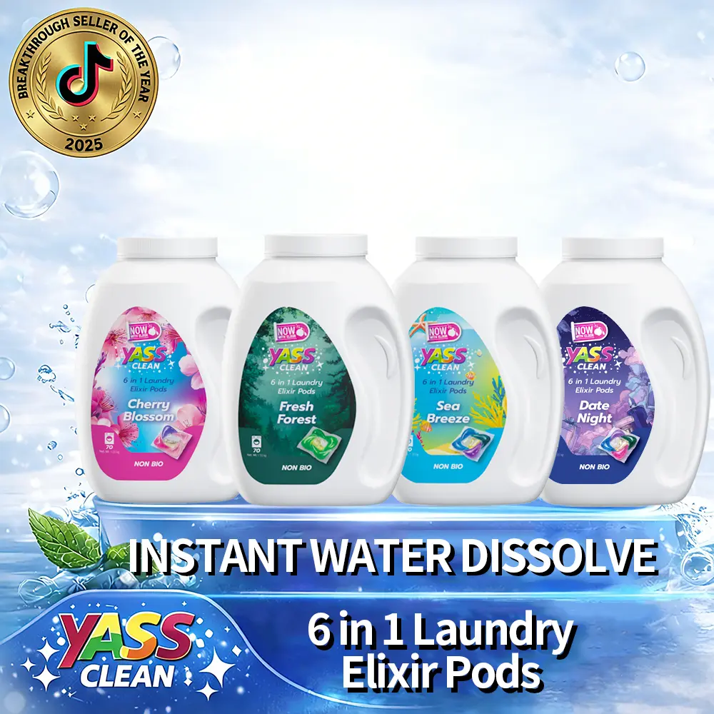 Yass Clean 6-in-1 Laundry Elixir Pods - High-Concentrated Instant Dissolve Capsules | Stain Removal, Antibacterial, Softener | 4 Luxury Scents: Cherry Blossom, Fresh Forest, Date Night, Sea Breeze
