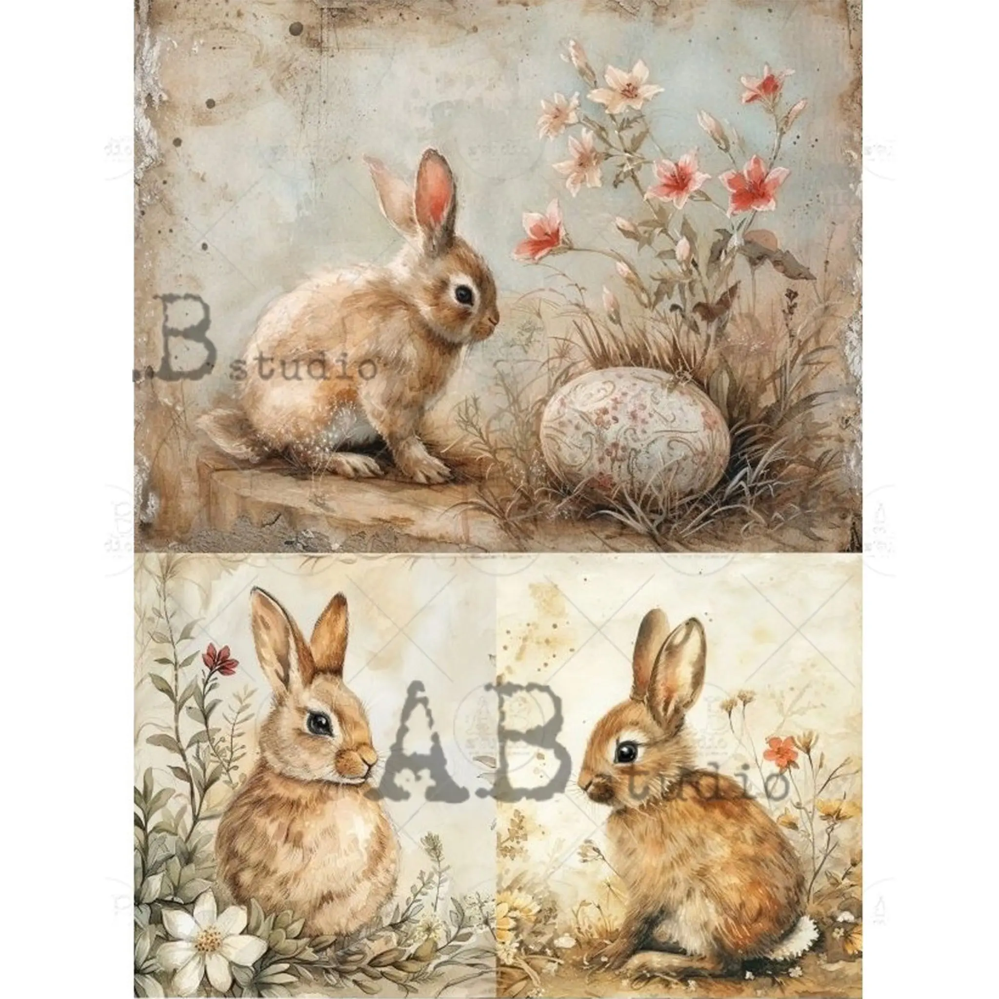 AB Studio - Rabbits with Flowers Decoupage Paper (A4 Size)