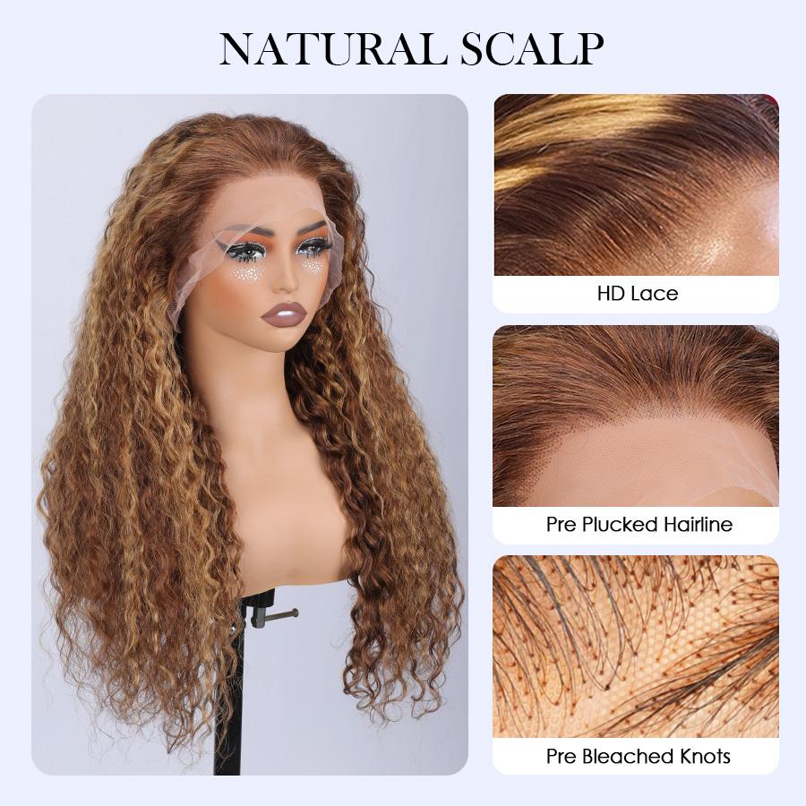 Pizazz Hair 4/27 Highlight Honey Blonde Deep Wave 13×6 Human Hair HD Lace Front Wigs 180% Density Lace Frontal Human Hair Wigs