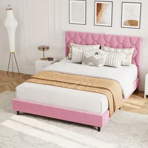 Platform Bed Frame with Adjustable Upholstered Headboard, Modern Bed Frame with Wooden Slats Support & Triangular Feet, Easy Assembly